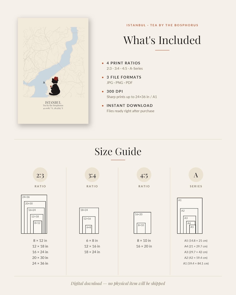 May include: A digital art print titled Istanbul Tea by the Bosphorus featuring a map and a cat wearing a red fez. The image includes a What's Included section detailing 4 print ratios, 3 file formats, 300 DPI, and a Size Guide with dimensions in inches.