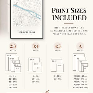 May include: A framed map print featuring a blue river and black street lines with the text Where It All Began, Sophie & Lucas, Paris May 18, 2019. The image displays various print size ratios including 2:3, 3:4, 4:5, and A series with dimensions in inches and cm.