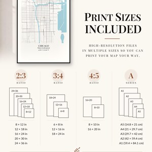 May include: A digital map print of Chicago featuring a light blue and black grid design. The image displays various print size ratios including 2:3, 3:4, 4:5, and A-series, with specific dimensions listed in inches for each format.