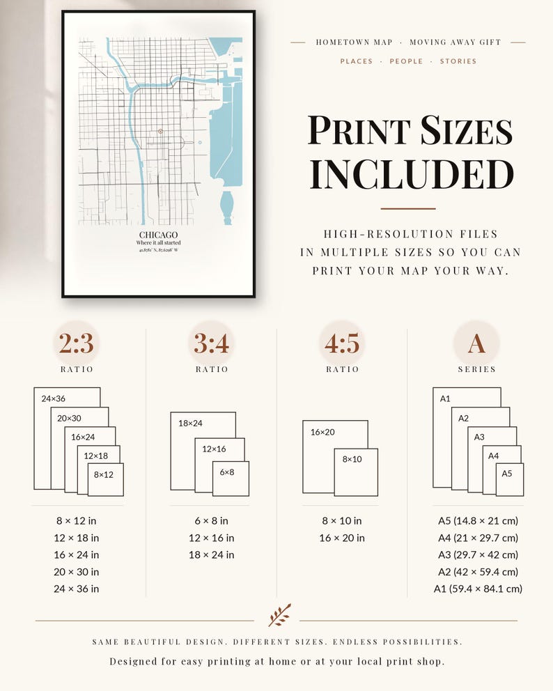May include: A digital map print of Chicago featuring a light blue and black grid design. The image displays various print size ratios including 2:3, 3:4, 4:5, and A-series, with specific dimensions listed in inches for each format.
