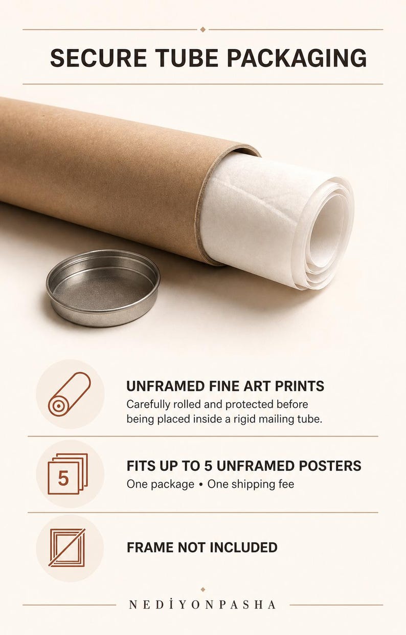 May include: A brown cardboard mailing tube with a metal cap, containing a rolled white paper print. Text reads: SECURE TUBE PACKAGING, UNFRAMED FINE ART PRINTS, FITS UP TO 5 UNFRAMED POSTERS, FRAME NOT INCLUDED, and the brand name NEDIYONPASHA.