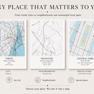 May include: Three framed map prints titled ANY PLACE THAT MATTERS TO YOU. The prints display street grids for Tokyo, Nisantasi, and Central Park with custom text, dates, and location markers. Below are icons for city, neighborhood, and special place.