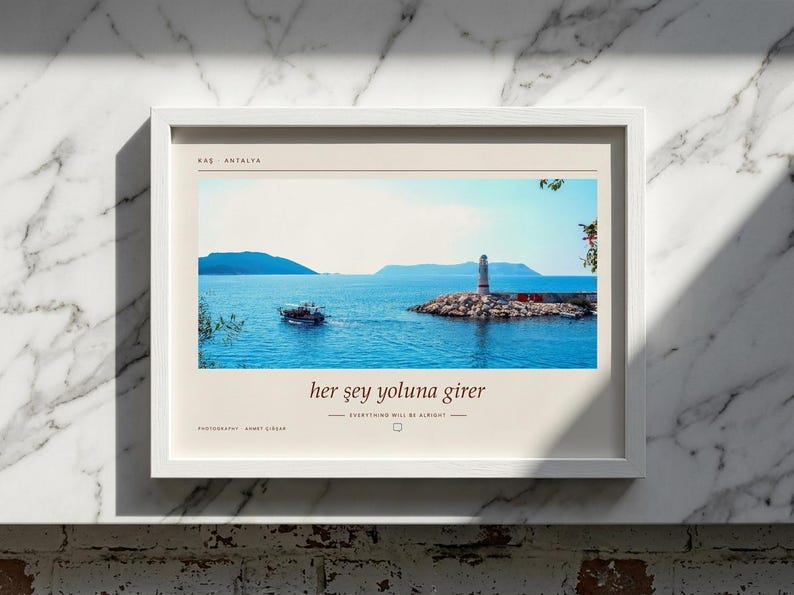Framed Kaş Lighthouse Photography Print | Antalya Turkey Coastal Wall Art | Mediterranean Sea Poster | Fine Art Giclée Print afbeelding 1