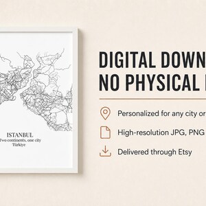 Puede incluir: Un mapa impreso en blanco y negro de Estambul con una cuadr&iacute;cula de calles detallada. El texto dice: DIGITAL DOWNLOAD NO PHYSICAL ITEM, ISTANBUL, Two continents, one city, T&uuml;rkiye, Personalized for any city or location, High-resolution JPG, PNG & PDF.
