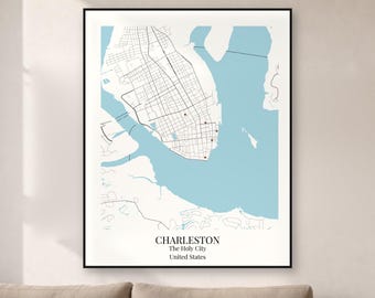May include: A framed map print of Charleston, South Carolina, featuring a light blue water background and white landmasses with black street grid lines. The text at the bottom reads CHARLESTON, The Holy City, United States.