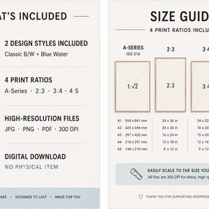 May include: An informational graphic detailing digital print specifications. The left side lists two design styles, four print ratios, high-resolution file formats including JPG, PNG, and PDF at 300 DPI, and confirms it is a digital download.