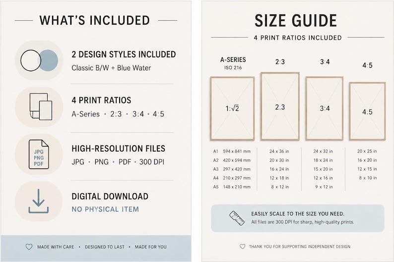 May include: An informational graphic detailing digital print specifications. The left side lists two design styles, four print ratios, high-resolution file formats including JPG, PNG, and PDF at 300 DPI, and confirms it is a digital download.