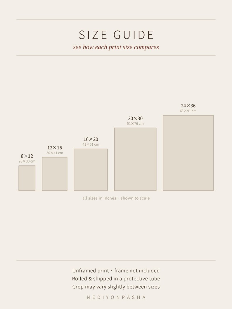 May include: A size guide chart for prints featuring five rectangular outlines in increasing sizes labeled 8x12, 12x16, 16x20, 20x30, and 24x36 inches with metric equivalents. The text reads SIZE GUIDE, see how each print size compares, all sizes in inches - shown to scale, Unframed print - frame not included, Rolled & shipped in a protective tube, Crop may vary slightly between sizes, NEDIYONPASHA.