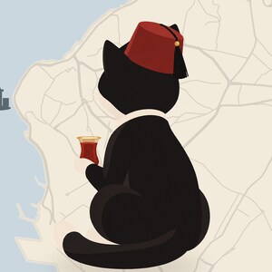 May include: A black cat wearing a red fez with a black tassel sits on a map background. The cat holds a small, tulip-shaped glass of amber-colored tea. To the left, a dark gray silhouette of a tower stands against a light blue water area.