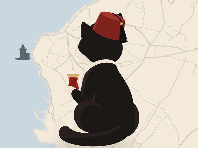 May include: A black cat wearing a red fez with a black tassel sits on a map background. The cat holds a small, tulip-shaped glass of amber-colored tea. To the left, a dark gray silhouette of a tower stands against a light blue water area.