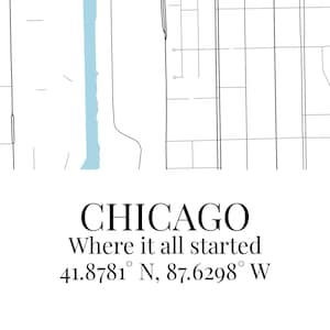 May include: A minimalist map print of Chicago featuring thin black lines representing city streets and a light blue vertical shape. The text reads CHICAGO, Where it all started, and the coordinates 41.8781&deg; N, 87.6298&deg; W in a black serif font.