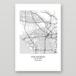 May include: A framed map print of Los Angeles, California, featuring a black and white street grid with thin gray lines and thick black highway lines. The text below the map reads LOS ANGELES, City of Angels, United States in black font.