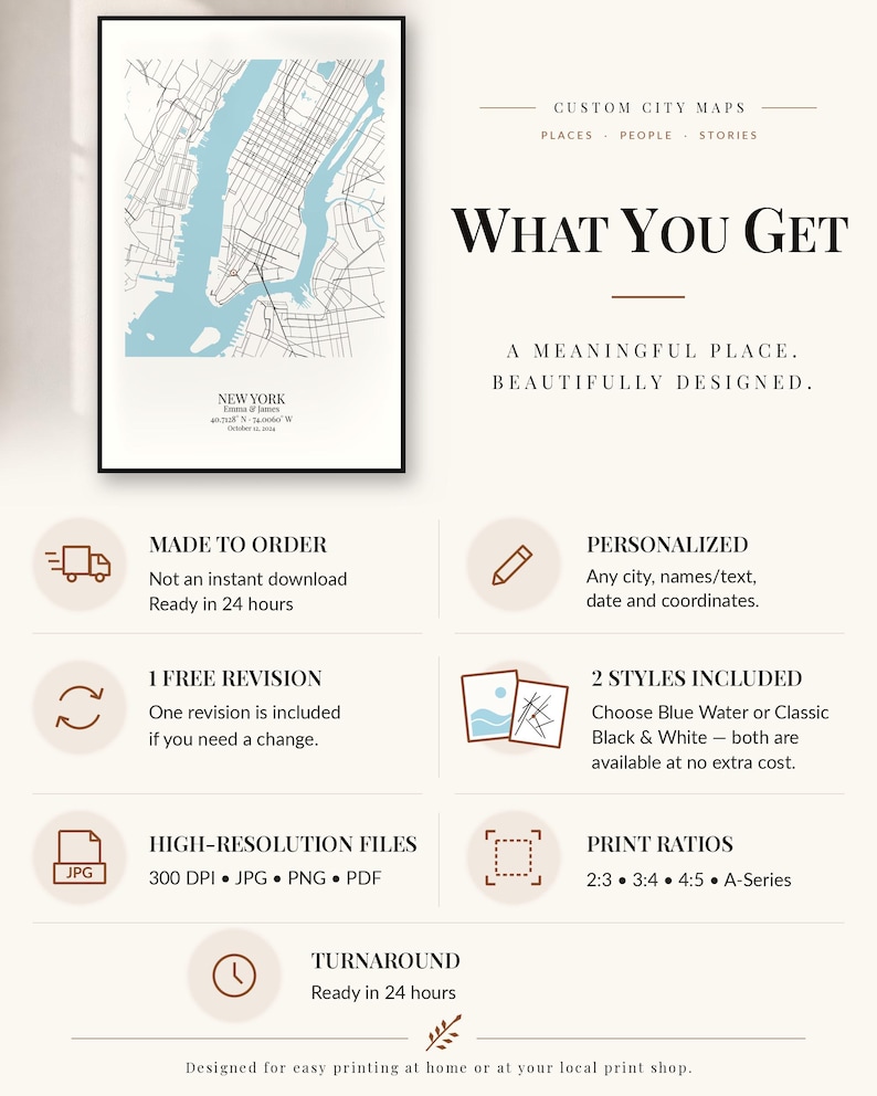 May include: A framed custom city map print of New York with blue water and black street lines. Text includes "CUSTOM CITY MAPS", "WHAT YOU GET", "A MEANINGFUL PLACE. BEAUTIFULLY DESIGNED.", and details about personalised orders, revisions, and file formats.