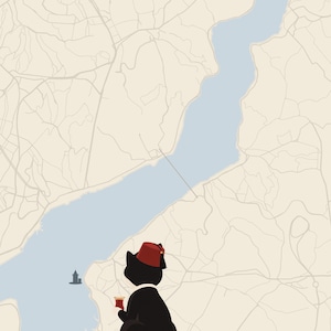 May include: A graphic illustration featuring a black cat wearing a red fez hat and holding a small glass of tea. The cat is positioned against a light beige background depicting a stylized map of a waterway with thin lines representing roads.