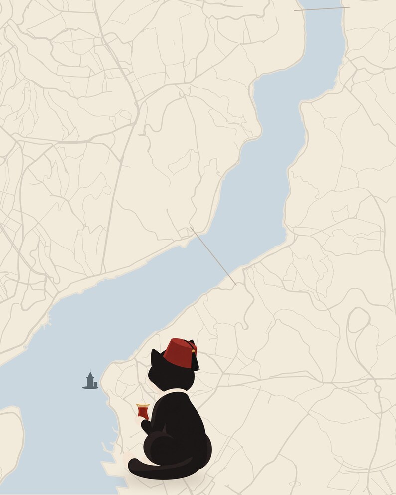 May include: A graphic illustration featuring a black cat wearing a red fez hat and holding a small glass of tea. The cat is positioned against a light beige background depicting a stylized map of a waterway with thin lines representing roads.