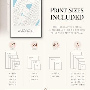 May include: A digital map print titled Where We Met featuring Olivia & Daniel, New York, June 14, 2021. The graphic displays various print size ratios including 2:3, 3:4, 4:5, and A-series with dimensions in inches and centimeters.