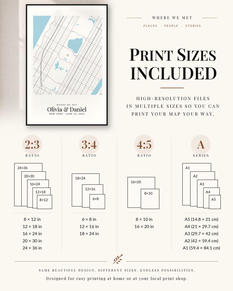 May include: A digital map print titled Where We Met featuring Olivia & Daniel, New York, June 14, 2021. The graphic displays various print size ratios including 2:3, 3:4, 4:5, and A-series with dimensions in inches and centimeters.