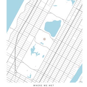 May include: A map print featuring a grid of city streets and light blue water bodies. A small brown circle marks a specific location. Below the map, the text reads: WHERE WE MET, Olivia & Daniel, NEW YORK, JUNE 14, 2021.