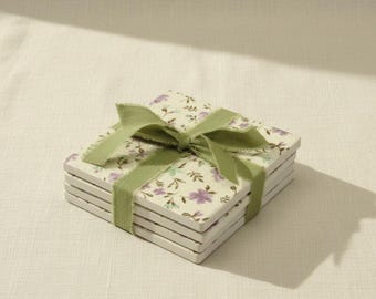 Vintage Lilac Green Flower Coasters - set of 4
