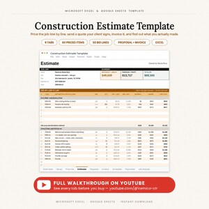 May include: A digital construction estimate template for Microsoft Excel and Google Sheets. The interface displays a detailed project estimate with columns for materials, labor, and line totals, featuring nine tabs, sixty priced items, and fifty bid lines.