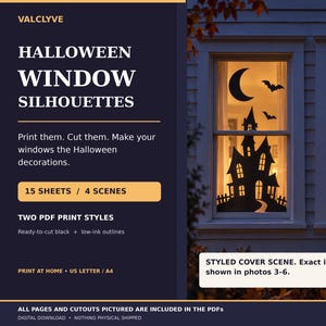 Halloween Window Silhouettes | 15 Printable Cutouts, 4 Scenes (Digital Download)