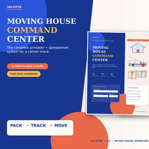 Può includere: Un pianificatore digitale per traslochi che include un sistema stampabile compilabile di 16 pagine e una cartella di lavoro Excel a 7 schede. Il design utilizza colori blu, bianco e arancione con icone di una casa, un camion e scatole.