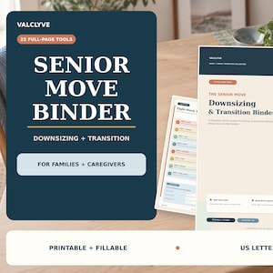 Op de afbeelding: Een digitale verhuisordner voor senioren met een donkerblauwe omslag en witte tekst met Senior Move Binder, Downsizing + Transition en For Families + Caregivers. Inclusief printbare en invulbare A4- en US Letter-documentpagina's.