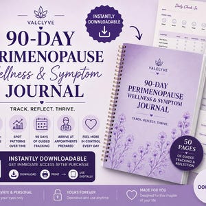 May include: A 90-day perimenopause wellness and symptom journal with a spiral binding, featuring a purple cover decorated with lavender illustrations. The journal includes pages for daily check-ins, symptom tracking, cycle monitoring, and weekly reflections.