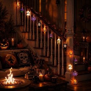 May include: A string of Halloween-themed LED lights featuring various shapes including orange jack-o'-lanterns, white ghosts, purple spiderwebs, black skulls, and a white mummy, all illuminated and draped along a wooden staircase railing.