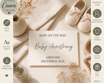 Elegant Minimalist Pregnancy Announcement, Baby Coming Soon Editable Template