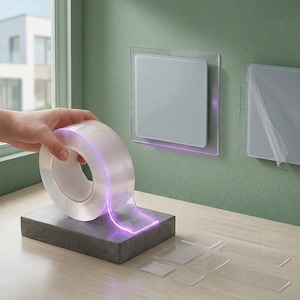 Puede incluir: Un rollo de cinta adhesiva de montaje transparente de doble cara con un reflejo de luz púrpura en los bordes. La cinta está colocada sobre un bloque rectangular gris, con varios cuadrados y rectángulos adhesivos transparentes cerca.