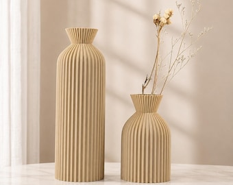 Black Ribbed Vase, Modern Boho Flower Vase for Living Room, Shelf & Table Decor, Unbreakable Vase, Housewarming Gift