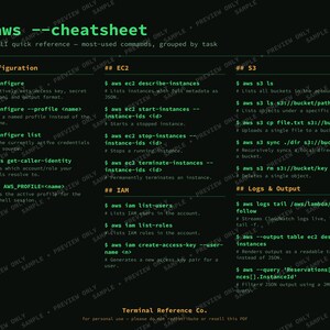 May include: A black digital cheat sheet for AWS CLI commands with green text. It features sections for Configuration, EC2, S3, IAM, and Logs & Output. The document includes specific command examples like aws configure, aws ec2 describe-instances, and aws s3 ls.