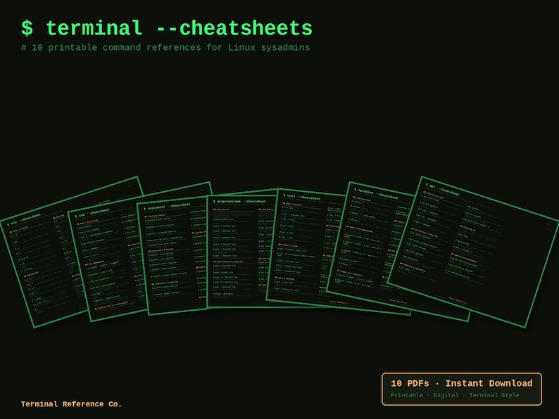 May include: A collection of ten digital reference sheets for Linux system administrators, featuring green text on a black background. The header reads $ terminal --cheatsheets # 10 printable command references for Linux sysadmins.