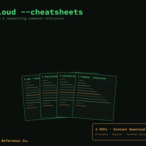 May include: A digital collection of four cloud and networking command reference sheets with green text on a black background. The text reads $ cloud --cheatsheets, # 4 cloud & networking command references, and Terminal Reference Co.