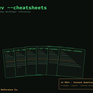 Pode incluir: Uma coleção digital de cartões de referência para desenvolvedores com o texto $ dev --cheatsheets # 7 everyday developer references. Seis cartões exibem sintaxe de linha de comando para regex, sql, yaml/json, curl, markdown e http-status.