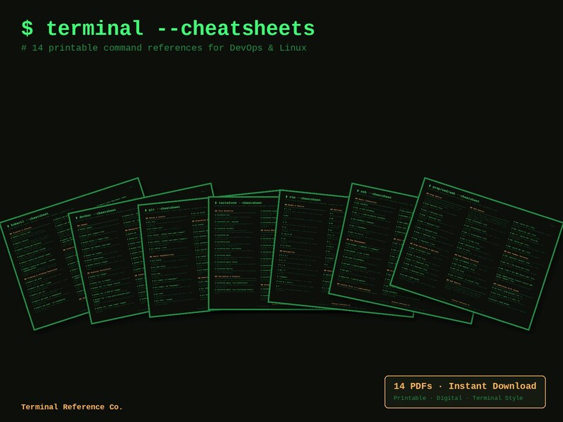May include: A collection of 14 printable command reference sheets for DevOps and Linux, featuring a black background with light green text. The header reads $ terminal --cheatsheets # 14 printable command references for DevOps & Linux.