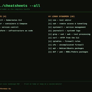 May include: A digital cheat sheet document with a black background and green text. It lists DevOps tools like kubectl, docker, git, and terraform, and Linux sysadmin tools including vim, ssh, systemctl, journalctl, grep, curl, iptables, ufw, apt, and dnf.
