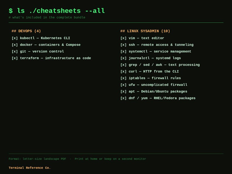 May include: A digital cheat sheet document with a black background and green text. It lists DevOps tools like kubectl, docker, git, and terraform, and Linux sysadmin tools including vim, ssh, systemctl, journalctl, grep, curl, iptables, ufw, apt, and dnf.