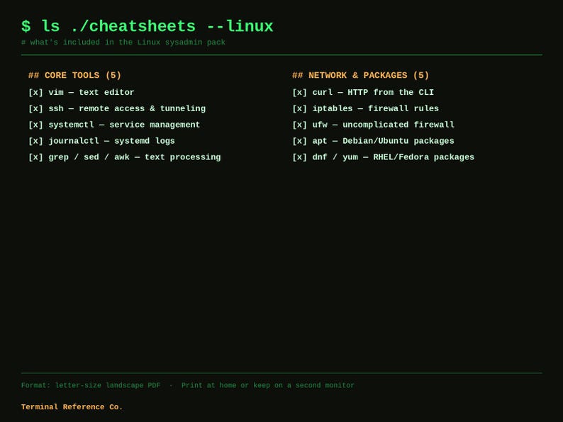 May include: A digital Linux cheat sheet on a black background with green and orange text. It lists core tools like vim, ssh, and systemctl, and network packages including curl, iptables, and apt. The document is formatted as a letter-size PDF.