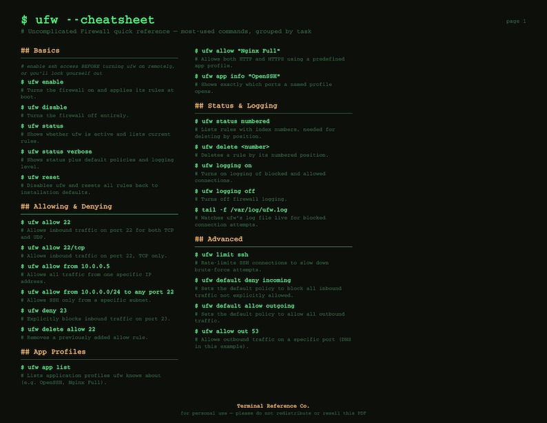 May include: A digital cheat sheet for UFW commands on a black background with green and orange text. It lists firewall management tasks including basics, allowing and denying traffic, app profiles, status, logging, and advanced configuration commands.