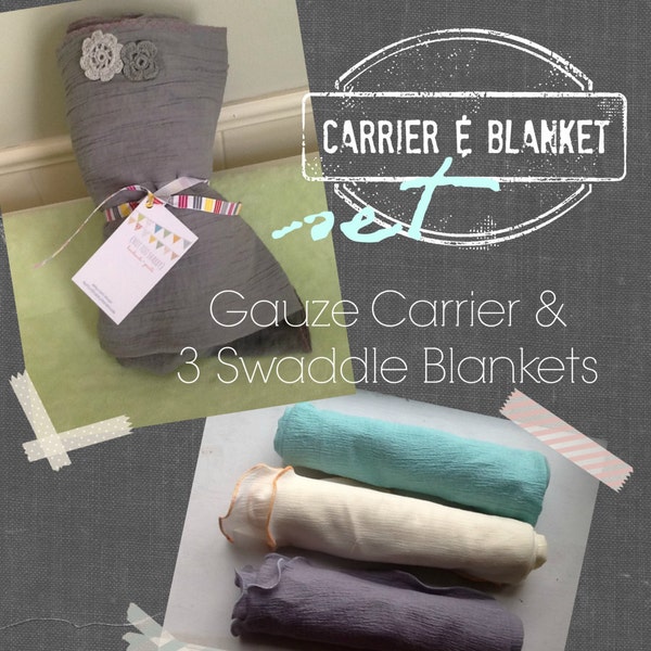 SALE - Gauze Carrier and 3 Large Cotton Gauze Muslin Swaddler Blanket Set  18 colors Like aden anais blankets