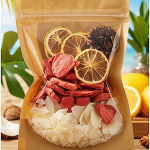 May include: A stand-up kraft paper pouch with a clear window containing a mixture of dried lemon slices, red freeze-dried fruit pieces, and white coconut flakes. The bag features a resealable top and is filled with these assorted dried food items.