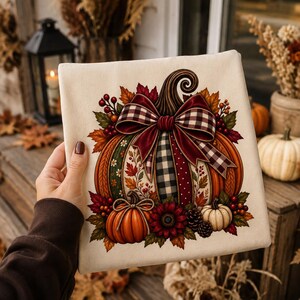 Calabaza de patchwork otoñal PNG / Diseño de sublimación de lazo a cuadros para otoño / Descarga digital