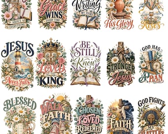25 christliche PNG-Designs im Bundle, Jesus-Glaube & Bibelverse, Sublimationsdruck, transparenter digitaler Download