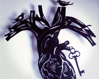 Original Paper Cut silhouette anatomical heart forest