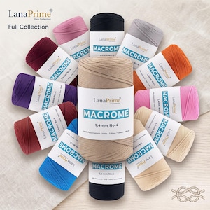 May include: A collection of LanaPrime Macrome 1.4mm No:4 yarn spools in various colors including beige, black, pink, purple, red, orange, and gray. Each spool features a white label with the brand name, product type, and 200g weight.