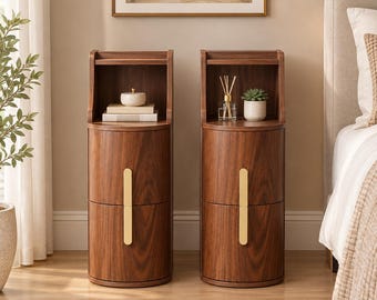 Narrow Walnut Nightstand, 2-Drawer Mid-Century Modern Bedside Table (16.34"D x 7.87"W)