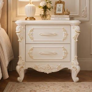 May include: A white nightstand featuring two drawers with gold-toned trim and ornate carved detailing on the legs and drawer fronts. The piece includes two horizontal handles and stands on four curved legs with intricate floral-inspired accents.
