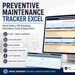 Preventive Maintenance Tracker Excel | Work Orders, PM Schedule, Downtime, Costs & Spare Parts